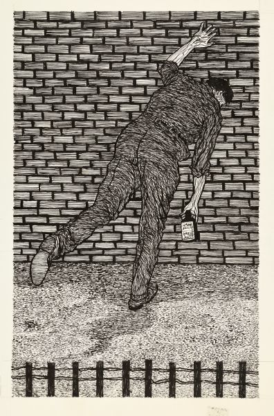 Drawing of a man leaning over with his left hand against a brick wall while holding a bottle of alcohol in his right hand.