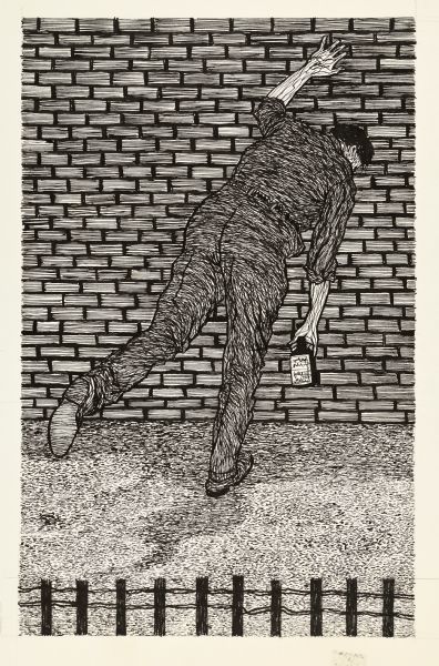 Drawing of a man leaning over with his left hand against a brick wall while holding a bottle of alcohol in his right hand.  