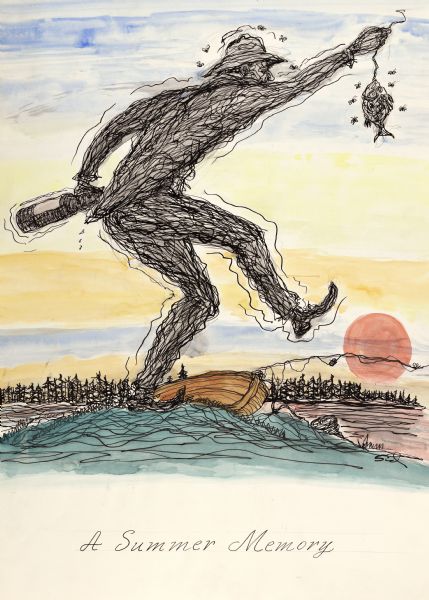 Drawing of a fisherman standing on one leg and holding with an outstretched arm a fish on a string in one hand, and a bottle of alcohol in his left hand. He is dancing near a boat on the shoreline of a lake during sunset or sunrise. Insects fly around the man's head and the fish. On the bottom the text reads: "A Summer Memory." 
