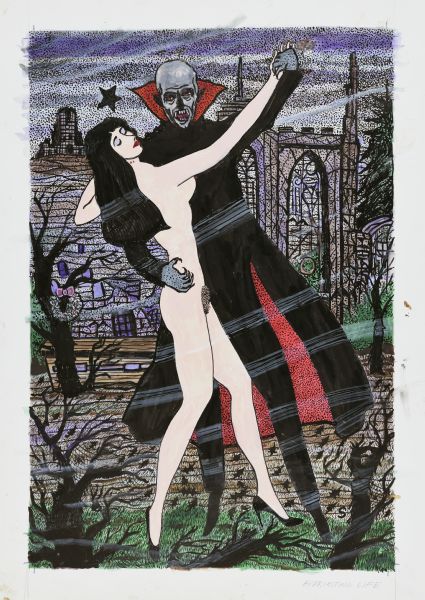 Drawing of a vampire wearing black-and-red cape, dancing with a naked woman with long black hair and closed eyes in a mysterious and bleak setting. There are two red marks of bite marks on the neck of the woman. They are dancing among bare, black trees near the ruins of a Gothic stone building. Text written at the bottom read: "Everlasting Life." There is a an "S" in the lower right hand corner, indicating Sid's authorship. 