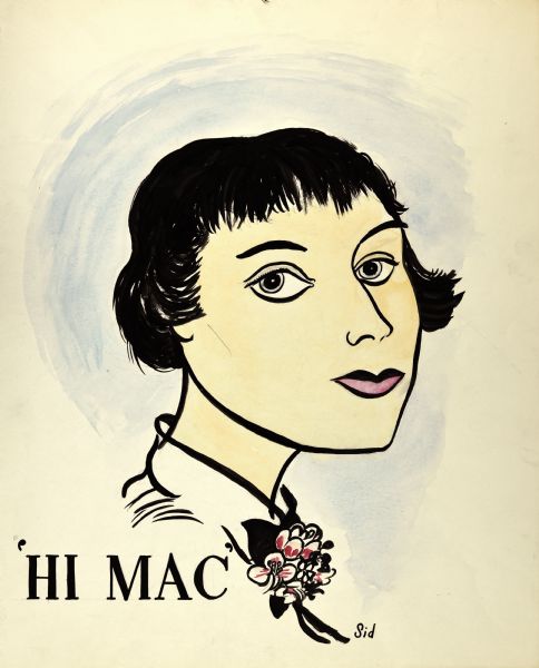 Head and shoulders portrait of Bea Walusiak Heitmeyer with short hair wearing a white blouse and flowers at her collar. Written below is: "'HI MAC'" and signed "Sid." 