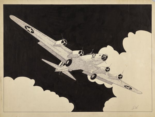 Drawing of B-52 airplane flying in the sky with clouds in the background.