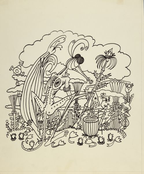 Imaginative insect crouched in a fantastical garden among flowers and plants. 