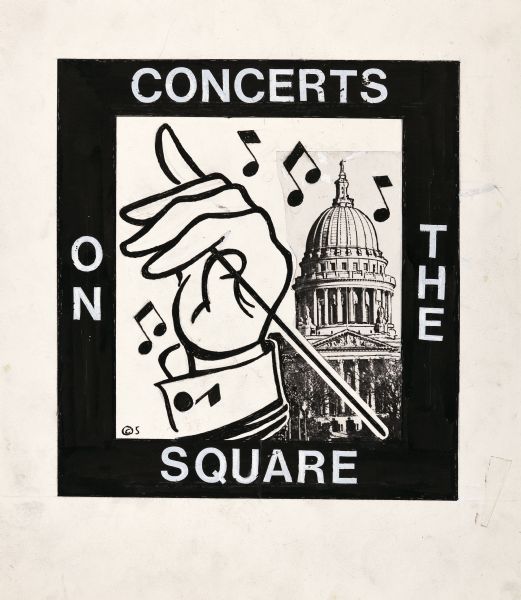 Square poster for "Concerts on the Square" that shows a conductor's hand holding a baton with musical notes floating around the frame and over a photograph of the Wisconsin State Capitol on the right.