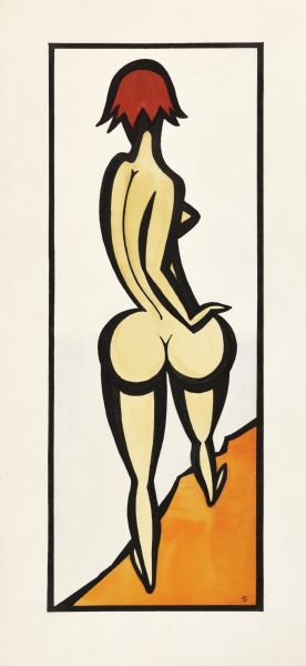 Black line drawing with color of the backside of a nude woman with short red hair.