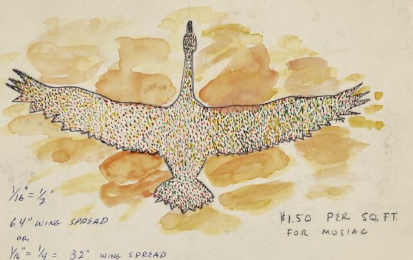 Multi-colored pointillist watercolor of a goose in flight on a golden background of bright oranges and yellows. Text in ink and graphite indicate that Sid created the watercolor as a preliminary design for a mosaic. He includes full-scale dimensions to have either a 64-inch or 32-inch wing spread, and the finished mosaic would cost $1.50 per square foot.
