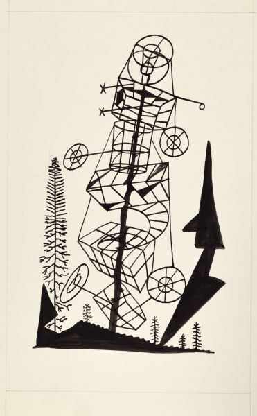 Abstract line drawing of a structure that appears to be among trees.