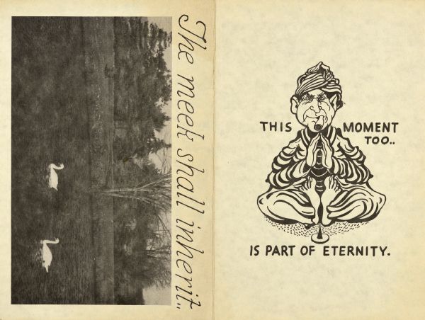 On the left is the back of the card, with a photograph of swans on a lake surrounded by trees. The title reads: "The meek shall inherit . . ." On the right is the front cover of the card, with a drawing of Sid, wearing robes and a turban on his head, and a cigar in his mouth. He is sitting on the ground and holding his hands together at his chest. The text around him reads: "This moment too.. is part of eternity."