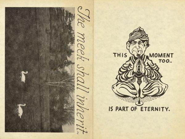 On the left is the back of the card, with a photograph of swans on a lake surrounded by trees. The title reads: "The meek shall inherit . . ." On the right is the front cover of the card, with a drawing of Sid, wearing robes and a turban on his head, and a cigar in his mouth. He is sitting on the ground and holding his hands together at his chest. The text around him reads: "This moment too.. is part of eternity." 