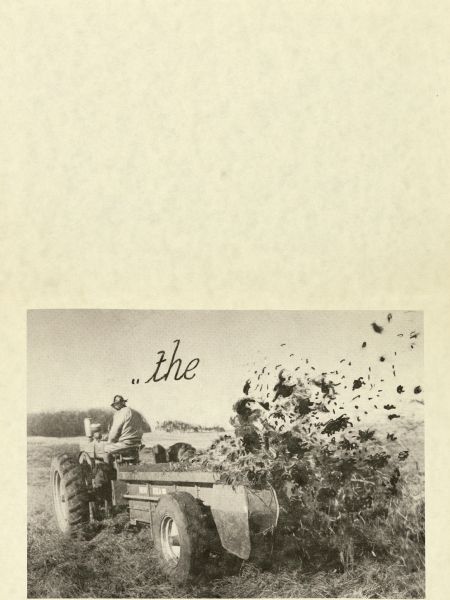 Unfolded card with a retouched image of a man driving a manure spreader in a field. Above is the word ". . . the."