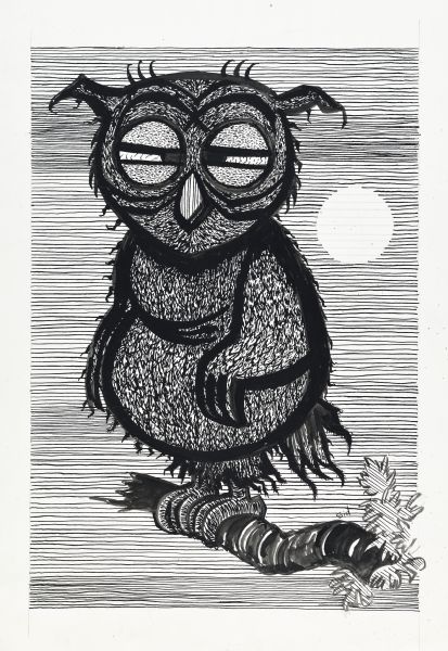 Owl with half-closed eyes standing on the branch of a tree, resting at night in a full moon, suggested by the horizontal shade lines and a round white circle. Signed by Sid.
