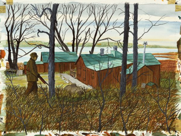 Watercolor painting of a hunter walking in tall grass among trees by the Johnson duck shack at old Cherokee Marsh.
