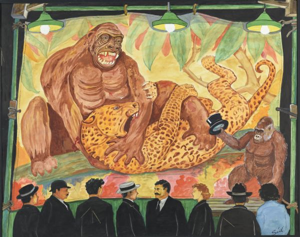 Theatrical scene depicting a gorilla standing on a small side stage holding up a top hat and looking towards an audience gathered in the foreground. Behind the gorilla is a large canvas stretched on a frame and illuminated by three green-shade lights; the canvas shows a painting of a gorilla bearing its teeth as it wrestles a leopard on its back that is biting the ape's arm in a jungle. The warm, bright colors of and the wildness presented in the painting contrasts sharply with the cold and dull colors of the suits of the viewers as well as their reserved and calm manner. The scene is presumably taking place at a circus. 