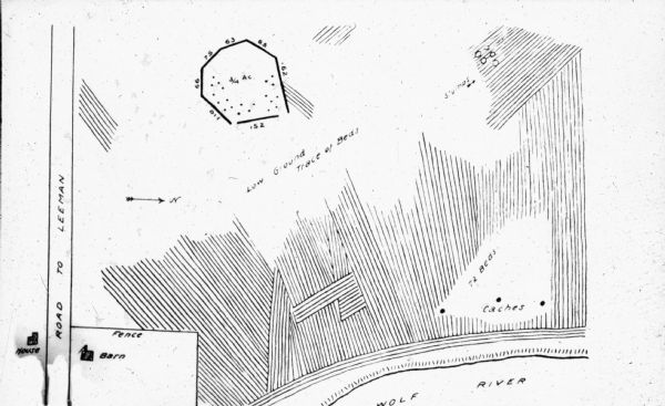 A map of the site of a Native American village with a complex of linear raised garden beds and cache pits near Leeman. Also shown are a farmstead, road, and the Wolf River.