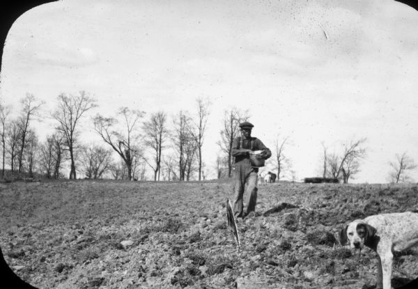 Charles Decorah, a Ho-Chunk Indian, broadcasting seeds oats over a tilled field.  He is wearing bib overalls and a cap. There is a dog in the foreground on the right.