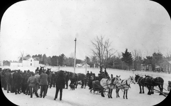 Slightly elevated view of a group of men gathered around four teams of horses hitched to sleighs in a snow covered lot. There is a dog at the center of the group. Utility poles and several houses are in the background.