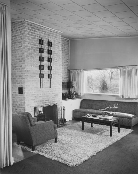 The Maurice and Violet Brasseur House was designed by the architectural firm Keck and Keck as Project #267 in 1941. This view is of the living room of the Brasseaur house.