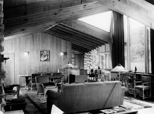 Dr. Jacob R. Buchbinder House was designed by the architectural firm Keck and Keck as Project #244 in 1939. This photograph shows the living room in the Buchbinder summer home in Fish Creek. Jacob Buchbinder was a doctor of medicine in Chicago.