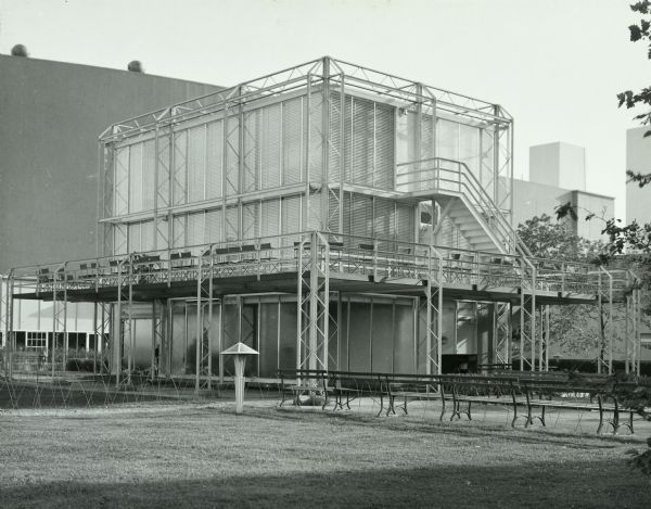 The Crystal House was Keck and Keck Project #183 in 1934. This project was done for the second year of the Chicago World's Fair, named "The Century of Progress." The Crystal House was built with glass walls suspended within an external structural steel cage. Fred Keck considered this building a candidate for prefabricated construction and estimated that the house could be built for $3,500 each if production runs would exceed 10,000 units.  