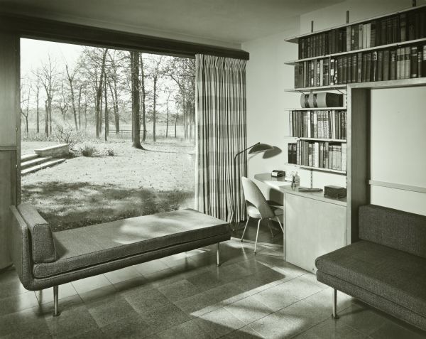 The Abel and Mildred Fagen House was designed by the architectural firm Keck and Keck as Project #387 in 1948. This photograph, taken from an office space in the house, shows the back yard of the Fagen's property in Lake Forest. 