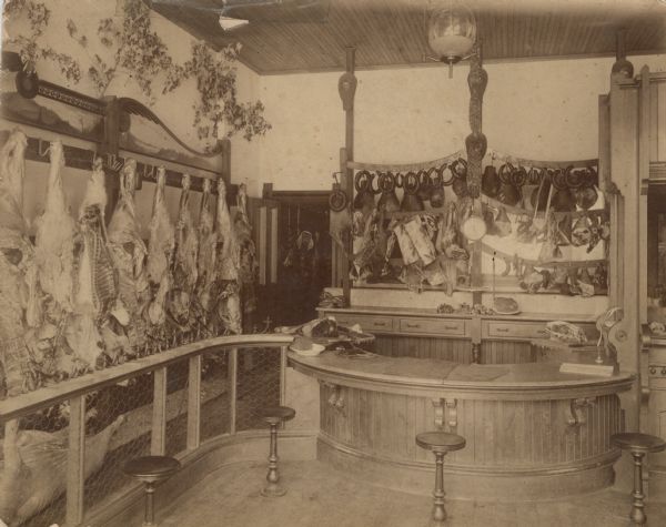 Interior view of the M.E. Lawrence butcher shop. Meat carcasses are hanging along the wall on the left behind a wood and wire barrier. Stools are along the barrier in front, and in the center is a counter. jBehind the counter is a display of sausages and other meats hanging from a display along with a hanging scale.