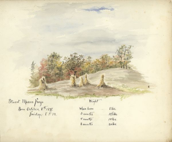 A watercolor painting of an autumn rural scene decorates an album page created by Louise Mears Fargo (1866-1925) to commemorate the birth and early months of her son, Stuart Mears Fargo (1897-1962). Corn shocks are standing in a field with trees in the background.