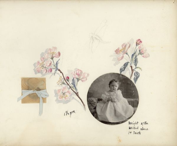 A decorated album page featuring a full-length studio portrait of Stuart Fargo, wearing a long gown and sitting on a settee with a bolster pillow at the left. The photograph has been trimmed to a circle. There are hand-painted twigs of apple blossoms and a pencil sketch of a dragonfly adorning the page. A small glassine envelope holding a lock blonde hair and tied with a satin ribbon has been glued to the page.