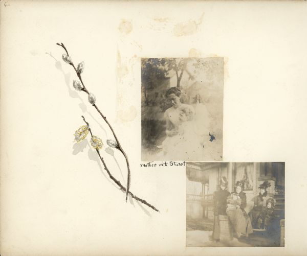 Two photographs featuring Louise Mears (Mrs. Frank B.) Fargo holding her son Stuart are mounted on an album page decorated with hand-painted pussy willow twigs. In the upper photograph, Louise is wearing a summer dress and there are leaves on the trees. There are two buildings in the background. In the lower photograph, Louise is seated, with Stuart on her lap, on a low pillar at the foot of the stairs leading to the front porch of the Fargo home. Her daughter Dorothy is sitting on the steps beside an unidentified woman. A second unidentified woman is standing to the left of Louise. The women and Dorothy are wearing winter coats and hats; Stuart is bundled against the cold.