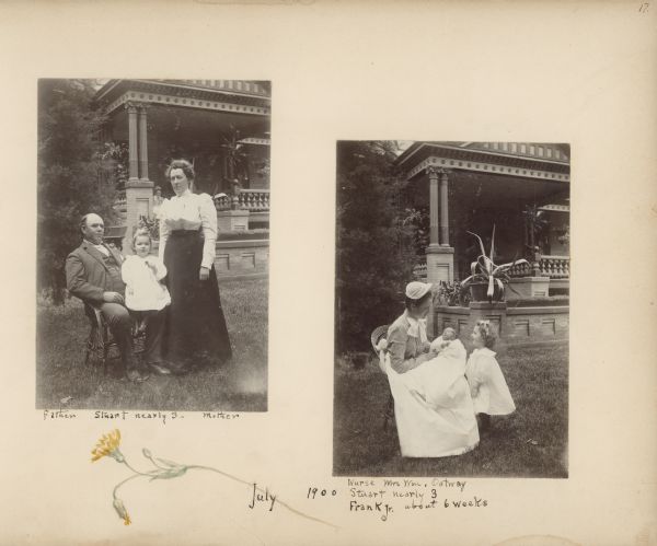 A decorated album page features two photographs of members of the Fargo family posing near the ornate porch of their home. In the photograph on the left, Frank Brown Fargo is sitting in a twig chair holding his son Stuart on his knee, while Louis Mears Fargo is standing on the right. The Fargo children's nurse, Mrs. William Oatway, is smiling as she observes the family from the porch. In the photograph on the right Mrs. Oatway, with a sheet covering her skirt, is holding the infant Frank Barber Fargo on her lap with Stuart standing alongside. A large potted agave plant is sitting on the low brick wall behind them. There is a watercolor painting of a yellow flower at the bottom of the album page. 