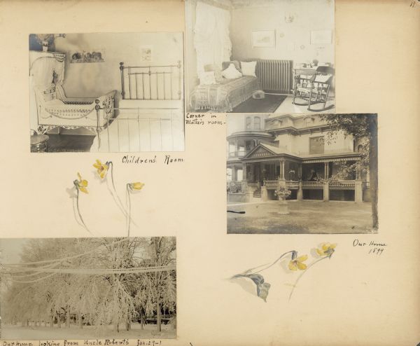 An album page decorated with hand-painted yellow violets features interior and exterior photographic views of the Frank B. Fargo house. At top left, a photograph labeled "Children's Room" includes a wicker bassinet with lace curtains and a brass single bed. There are unframed prints on the wall. At top right, a daybed and rocking chair furnish a "Corner in Mother's Room." The daybed has a fringed, patterned cover and large pillows. A table beside the rocker holds several books. There is a large radiator against the wall. At center right is an exterior view of the front of the house in summer, showing a portion of the mansard roof and elaborate porch. There is an octagonal tower on the left. Hanging pots of plants and a large American flag decorate the porch. There is also a large planter on the lawn. In the photograph at lower left, only the porch balustrade is visible through tree branches and wires weighted down with snow. This photograph is dated January 29, 1901.