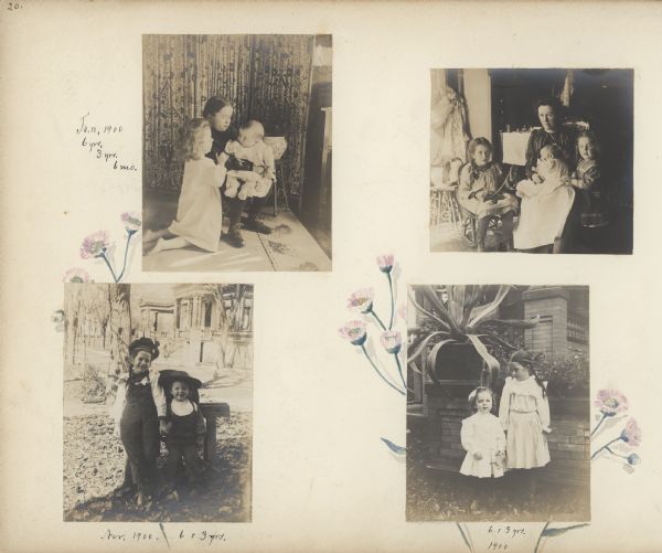An album page with four mounted photographs is decorated with hand-painted pink flowers and foliage. In the photograph at top right, Louise Mears (Mrs. Frank B.) Fargo is sitting with her infant son Frank on her lap. Daughter Dorothy, left, is sitting in a rocker holding a string of beads. Son Stuart is standing at right with his hand on his baby brother's head. At bottom right, Stuart, age three, and Dorothy, age six, are posing standing in front of a large potted agave plant which is in a planter on the short brick wall behind them. In the photograph at lower left, Dorothy and Stuart, both wearing bib overalls, are posing in front of the family home. At top left, the three Fargo children are posing in front of a folding screen. Dorothy is holding Frank on her lap as Stuart is kneeling on the left.