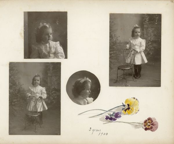 Four trimmed studio portraits of Stuart Fargo are mounted on an album page decorated with a watercolor painting of three pansy flowers.  The photographs at upper right and lower left show Stuart standing behind a twisted iron ice cream parlor chair. He is wearing long black stockings and a dress with a broad collar with lace trim. At top left is a seated, waist-up portrait with a three-quarter view of the subject's face. At center is a small circular head and shoulders profile view. Stuart is wearing a bow in his hair in each photograph.  