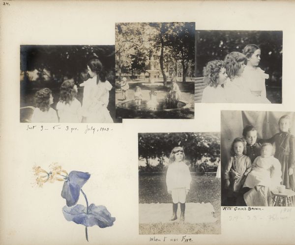 Five photographs are mounted on an album page which is decorated with a painting of a honeysuckle sprig. In the photograph at top left, Frank, age three, Stuart, age five, and Dorothy Fargo, age nine, are posing with their backs to the camera and their faces in one quarter view. The pose highlights the boys' long hair and Dorothy's braids, which are tied together with a ribbon. The top right photograph, probably taken the same day, shows the children in profile, sitting on a bench. At top center, a younger Dorothy and Stuart are wading in the pool at the base of a large fountain; the boy in the background is unidentified. The fountain stood on the lawn of the children's great uncle Robert Fargo's house, which was next door to their own. In the bottom left photograph, Stuart is posing alone, standing outdoors on a rug which has been spread on the lawn. He is wearing knickers with dark stockings and high-buttoned shoes. At bottom right, the Fargo children are posing with Anna Brown in a photograph dated 1901.