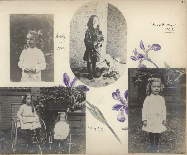 Hand-painted iris flowers decorate an album page featuring four photographs of Stuart Fargo. In the top two photographs, Stuart is "nearly 5." At left, he is posing outdoors in a white dress with a ribbon in his long hair. At top right, he is wearing a striped dress with dark stockings standing in front of a patterned folding screen. He is holding the rope of a horse pull toy. The lower photographs appear to have been taken the same day. On the left, Stuart, age three, and his older sister Dorothy, age seven, are each sitting on a tricycle with large rear wheels. The backdrop is the brick wall of the front porch of the Fargo house. On the right, Stuart is standing alone in front of the wall.