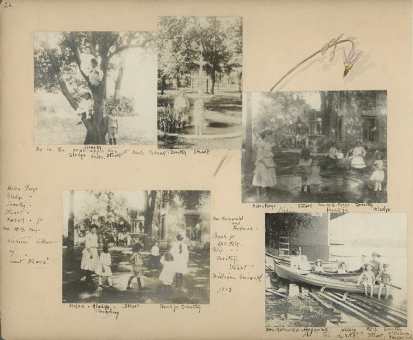 An album page comprises five photographic prints and a watercolor painting of a shooting star (Dodecatheon) flower. The photograph at lower right was taken at Rock Lake near Lake Mills, and includes, from left, Mrs. Frederick M. (Florence Brown) Griswold holding her son Frederick; Frank Barber Fargo; Dell Falk; Philip Falk (rear); Stuart Fargo in front of his sister Dorothy; William Griswold. They are posing in two rowboats moored near a boathouse at the water's edge. The other photographs were all taken on the grounds of the Robert Fargo house which is next to the Frank B. Fargo house. The photograph at top right includes Robert Fargo's son H.B. Fargo of Deerfield, sitting in the background with his wife, Lettie Cooper Fargo. Their daughters, Helen and Gladys, are at extreme left and right. Stuart Fargo, wearing a sailor suit, is standing with his back to the camera. His sister Dorothy is standing on the opposite side of the pool while younger brother Frank is standing next to Lettie in the background. The four older children are pretending to fish with rustic poles. Stuart, Frank and Dorothy are the children of Frank B. Fargo and are second cousins to Helen and Gladys.