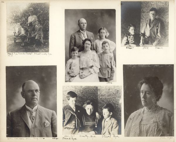 An album page features a collection of family photographs which include head and shoulders studio portraits of Frank B. Fargo and his wife Louise Mears Fargo at bottom left and right, respectively. The photograph at top center, most likely taken the same day, includes Frank and Louise with their three children, Frank Jr., left; Dorothy, standing right; and Stuart, in front of Dorothy. Also included are informal photographs of the children. At top left, Frank and Stuart are sitting outdoors on a bench with their dog Mark. A woman identified as "Aunt Floda" is standing behind the bench.