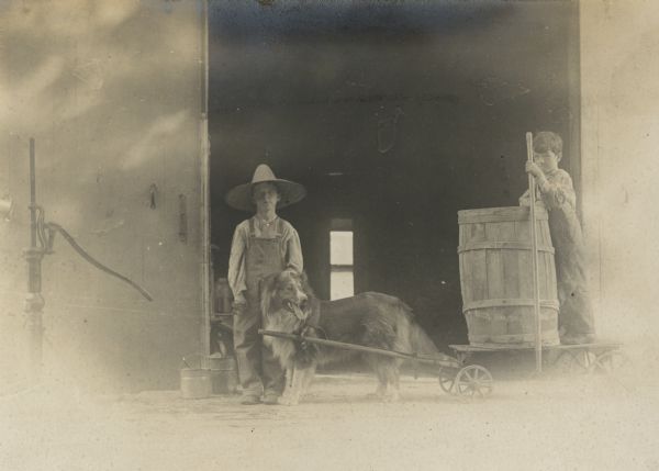 Stuart, left, and Frank Fargo, both dressed in bib overalls, posing in front of the open door of a carriage house. Stuart is wearing a broad brimmed hat. The family dog, Mark, is hitched to a low wagon which is carrying Frank and a wooden barrel. There is a hand water pump on the left.