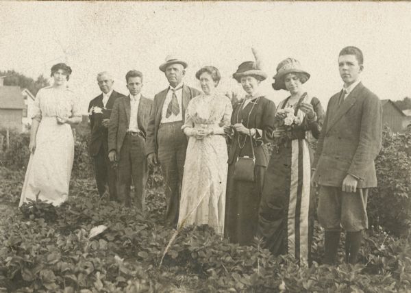 A group of finely dressed men and women posing in a strawberry field.  There are buildings in the background. The people are identified in a handwritten caption as, left to right: Dorothy Fargo, Oscar Hanson, F. B. Fargo, Jr., F.B. Fargo, Mrs. F.B. (Louise Mears) Fargo, Mrs. Oscar Hanson, [unidentified], Stuart Fargo. The unidentified young woman is holding a bouquet of roses.