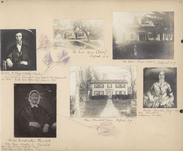 An album page, decorated with hand-painted sweet pea flowers, includes six mounted photographic prints. Enoch B. Fargo (1821-1892), is at top left, and his wife, Morilla Churchill Fargo, is at bottom right. At bottom left is Morilla's mother, Sophia Kingsley (Mrs. Worthy L.) Churchill (1781-1867). The Stafford, New York home of Isaac Fargo, Enoch's father, is seen top center and top right. At bottom center is the General Worthy L. Churchill home, also in Stafford, New York.  