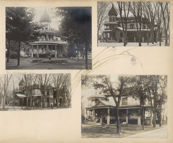 An album page decorated with a watercolor painting of blue flowers and green stems featuring four views of the Frank B. Fargo house on Mulberry Street. A caption handwritten by one of Fargo's children reads "My childhood home." The large two and one-half story brick Second Empire Style house has a corner tower with modified onion dome, wrap-around porch and mansard roof. There is decorative ironwork on the roof and arched dormer windows.