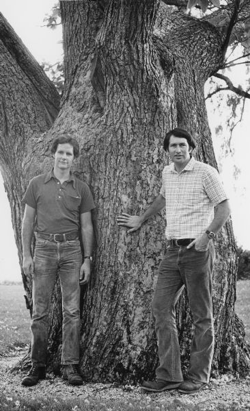 R. Bruce Allison, left, and B. Wolfgang Hoffman posing in front of the massive trunk of a tree. Allison, an arborist, is the author, and Hoffmann the photographer, of the 1980 book, <i>Wisconsin's Champion Trees.</i>