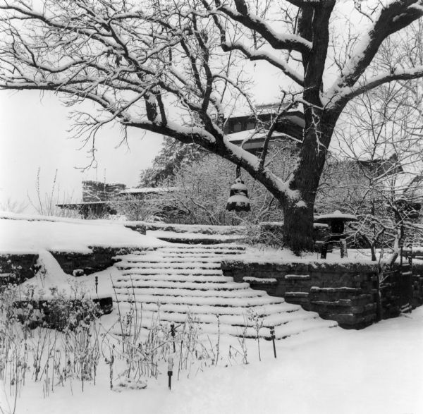 A dusting of snow highlights the structure of a spreading oak in the courtyard of Frank Lloyd Wright's home, Taliesin, seen in the background. A large bronze bell is hanging from the lowest limb of the tree, and there is a stone lantern to the right. There are stone steps and a stone wall in the foreground. This tree was known as the second tea circle oak, after the first, located nearby, was destroyed by lightning. The tree in this photograph was toppled by strong winds June 18, 1998, falling onto the roof of Wright's studio.