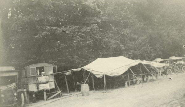 Mess hall and kitchen in a truck located in Vaux Varennes. Captioned: ""Salle a manger" and "Cuisine" at Vaux Varennes in the Aieux Country."