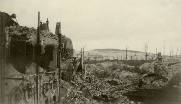 The remains of a sugar refinery in Moscow. Captioned: "The furnaces of the sugar refinery at Moscow. Notice the trenches on Hill 108."