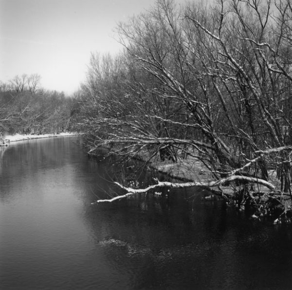 Elevated view of a river. The trees are covered in snow, and line both shores of the river. The river is flowing free of ice.