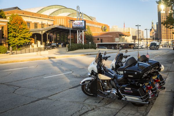Two police motorcycles parked across the street from the Milwaukee Theater, which is hosting the Republican presidential debate.