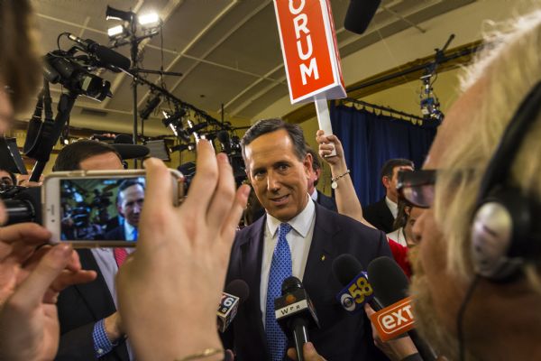 Presidential candidate and former U.S. Senator Rick Santorum of Pennsylvania talking with the media in the spin room at the Republican presidential debate.