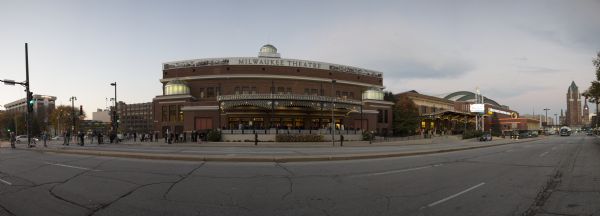 Panoramic view of the Milwaukee Theater from across the street, which hosted the Republican presidential debates. 
