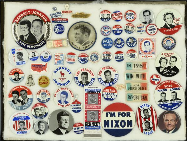 Framed assortment of political campaign buttons for John F. Kennedy and running mate Lyndon B. Johnson, and Richard Nixon and running mate Henry Cabot Lodge, Jr. A few of the buttons feature Pat Nixon. A case includes a few stamps for both candidates, a row of rectangular lenticular, or flasher, buttons in favor of Nixon and the Republican ticket, and one lenticular button that shifts between a portrait of Kennedy and his slogan: "The man for the 60's."