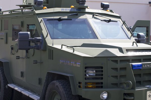 Close-up of a Lenco armored vehicle parked outside the Donald Trump rally.